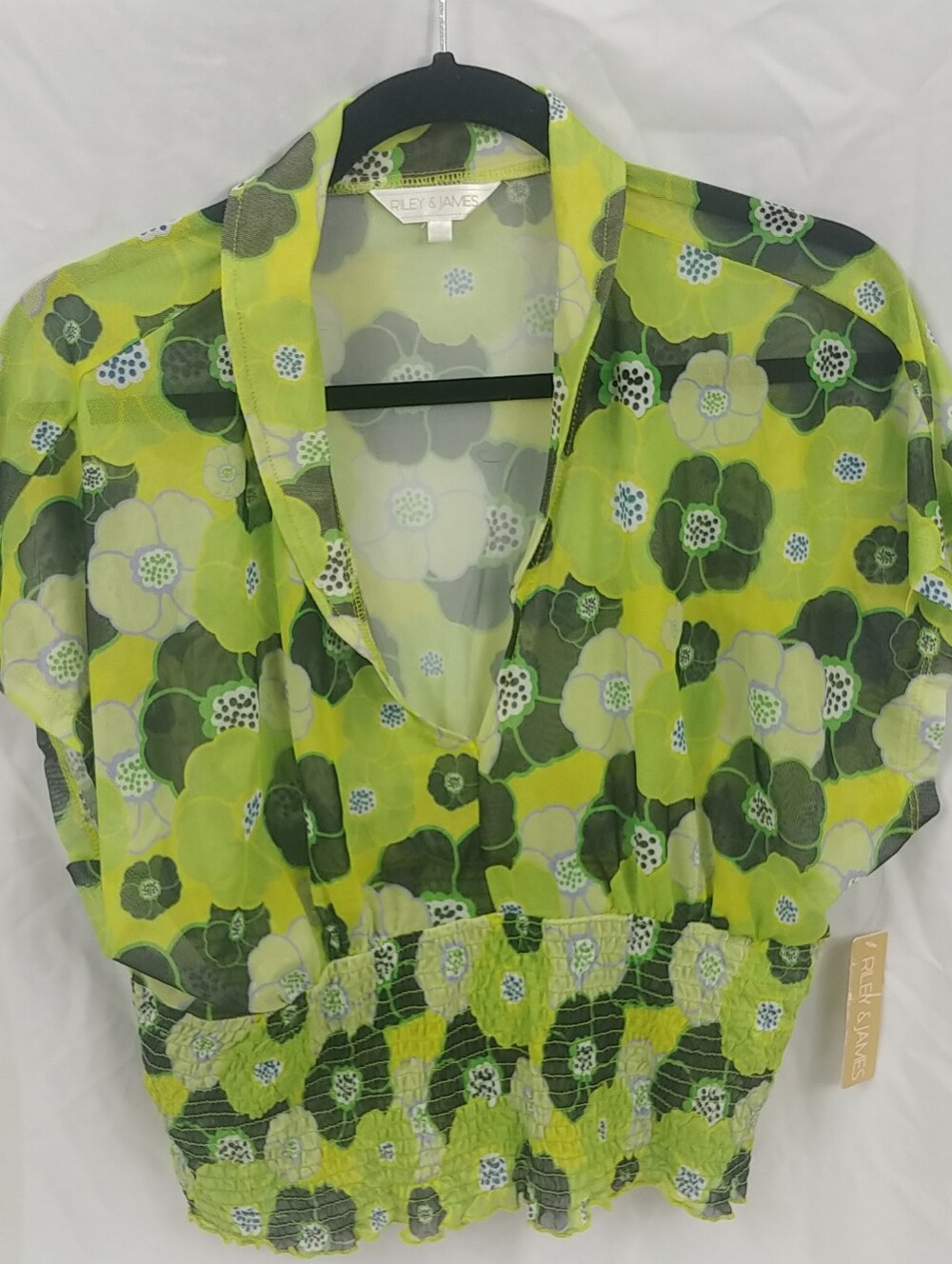 Riley James Floral Dolman Mesh Top Women XL Green Black Waist Smock Nwt Boho 70s